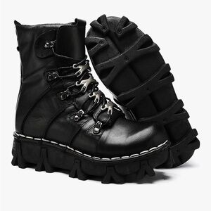 Men’s Leather Motorcycle Boots, Handmade Thick Soles Lace-up mid Calf